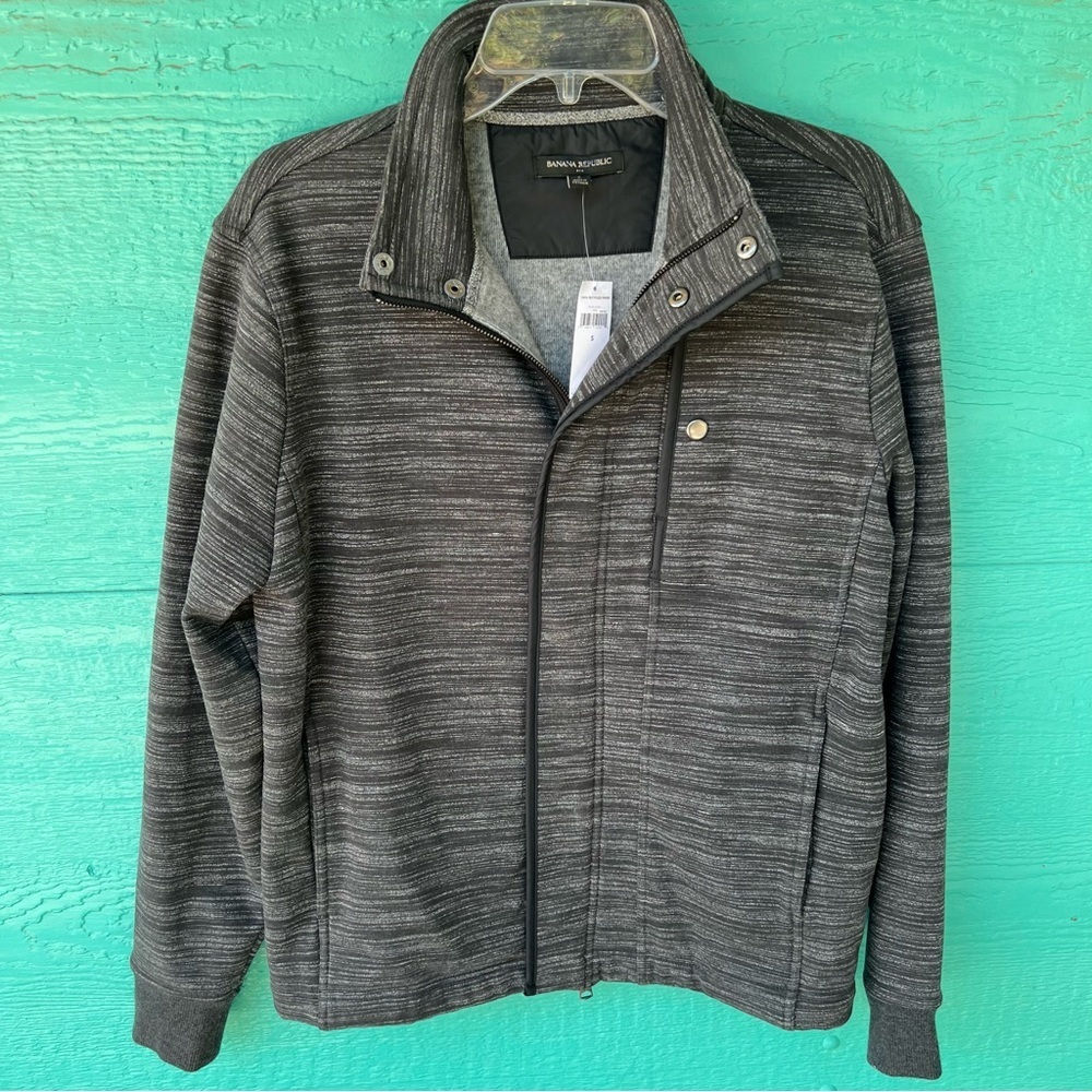 BANANA REPUBLIC SOFT FLEECE MARLED GRAY BLACK ZIPPER AND SNAP FRONT JACKET S NWT